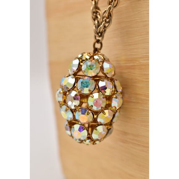Vintage Crystal Pendant Necklace Open Bezel Aurora Borealis Gold Tone 80s Bin6A - Picture 10 of 11
